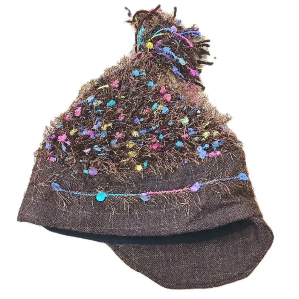 Sue Gallion Y2k Fairy Artsy Boho Brown Frilly Rainbow Confetti Beanie Hat Cap